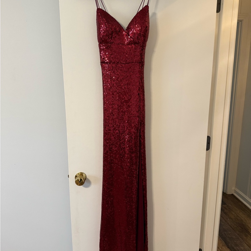 B. Darlin Red Sequin Maxi Dress Spaghetti Strap, Prom, Mardi Gras Ball, size 3/4